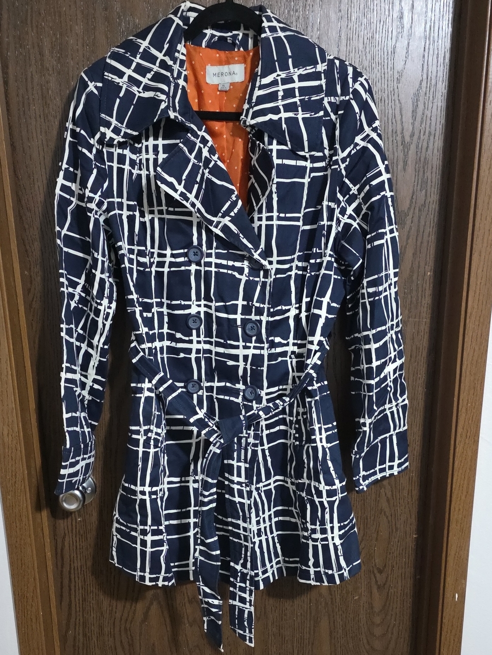Merona Navy and White Plaid Belted Trench Coat